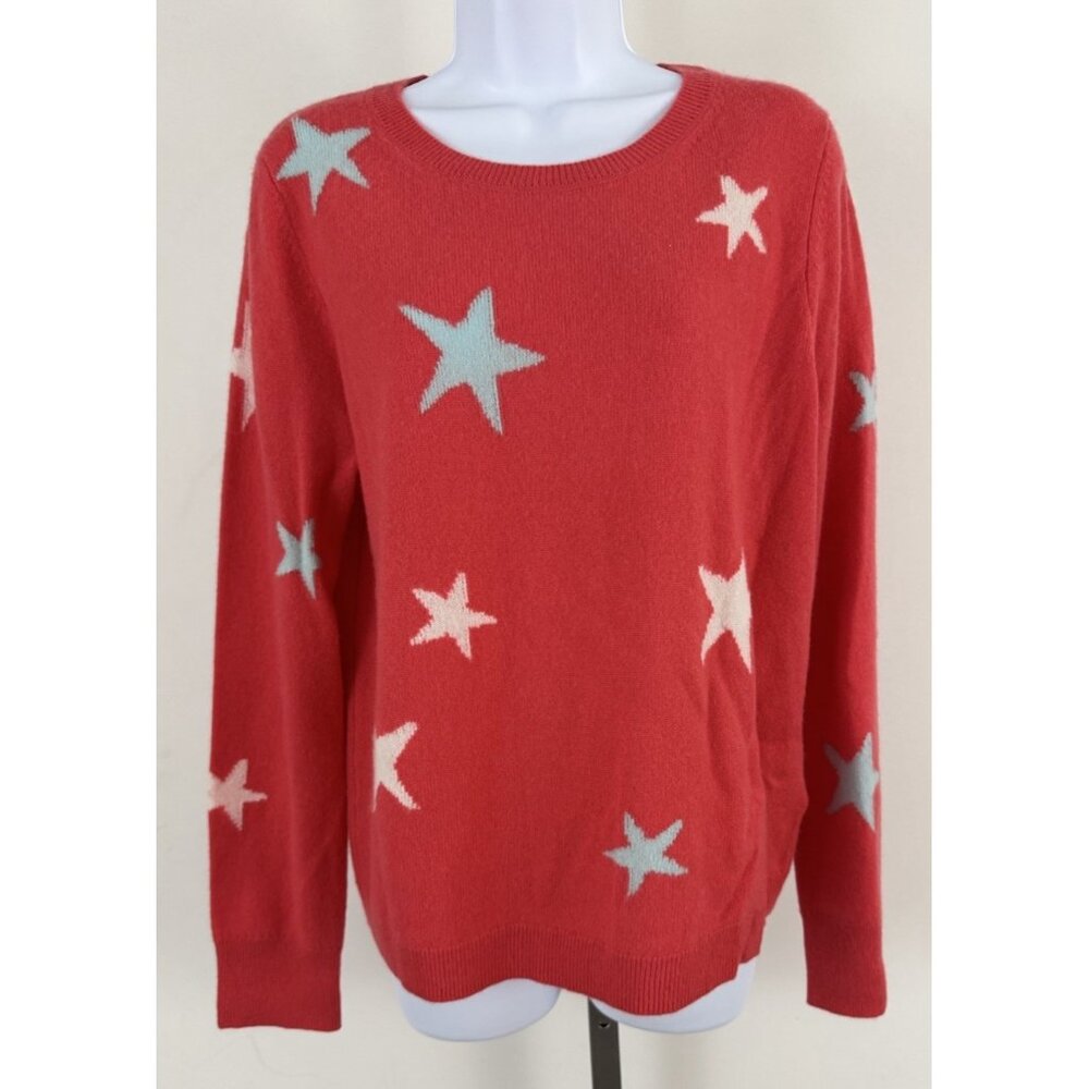 CYNTHIA ROWLEY Melon Pink 2-Ply Cashmere Star Print Crewneck Sweater Sz XL